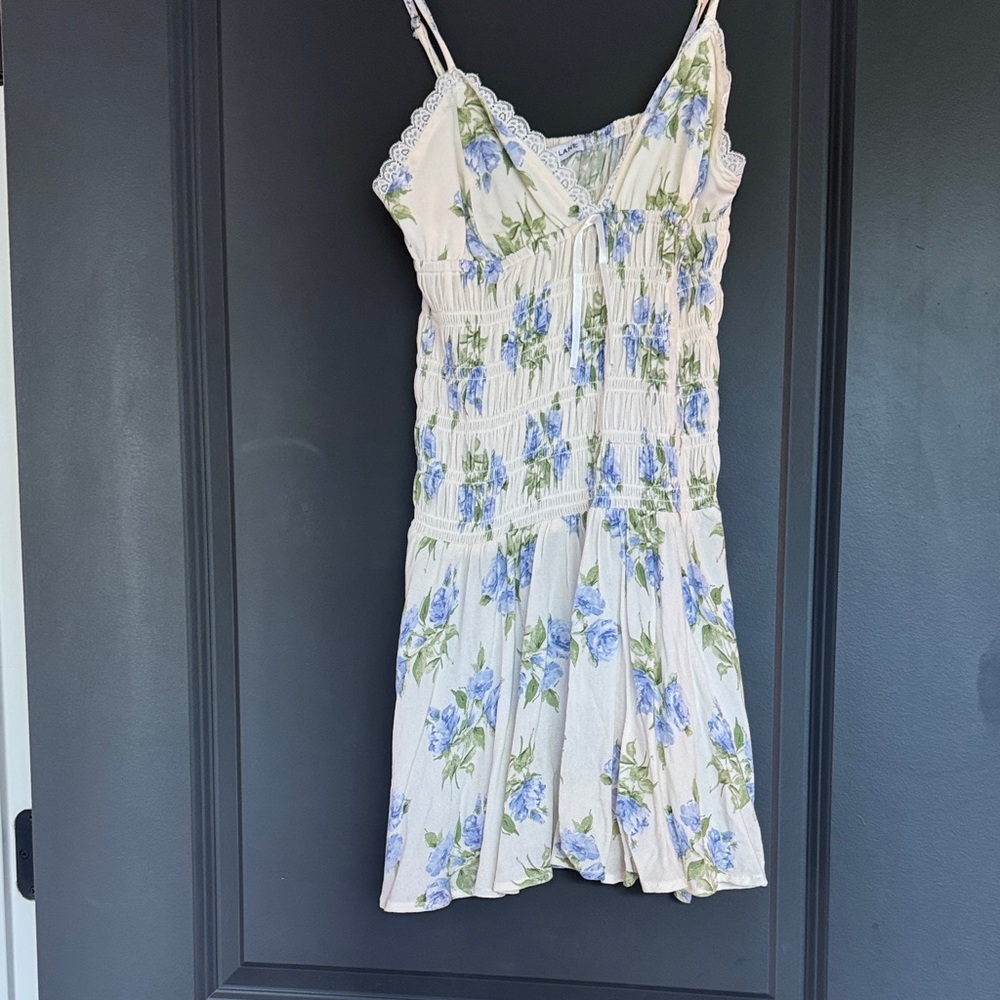 Women's Cream Floral Smocked Sundress with Blue Roses